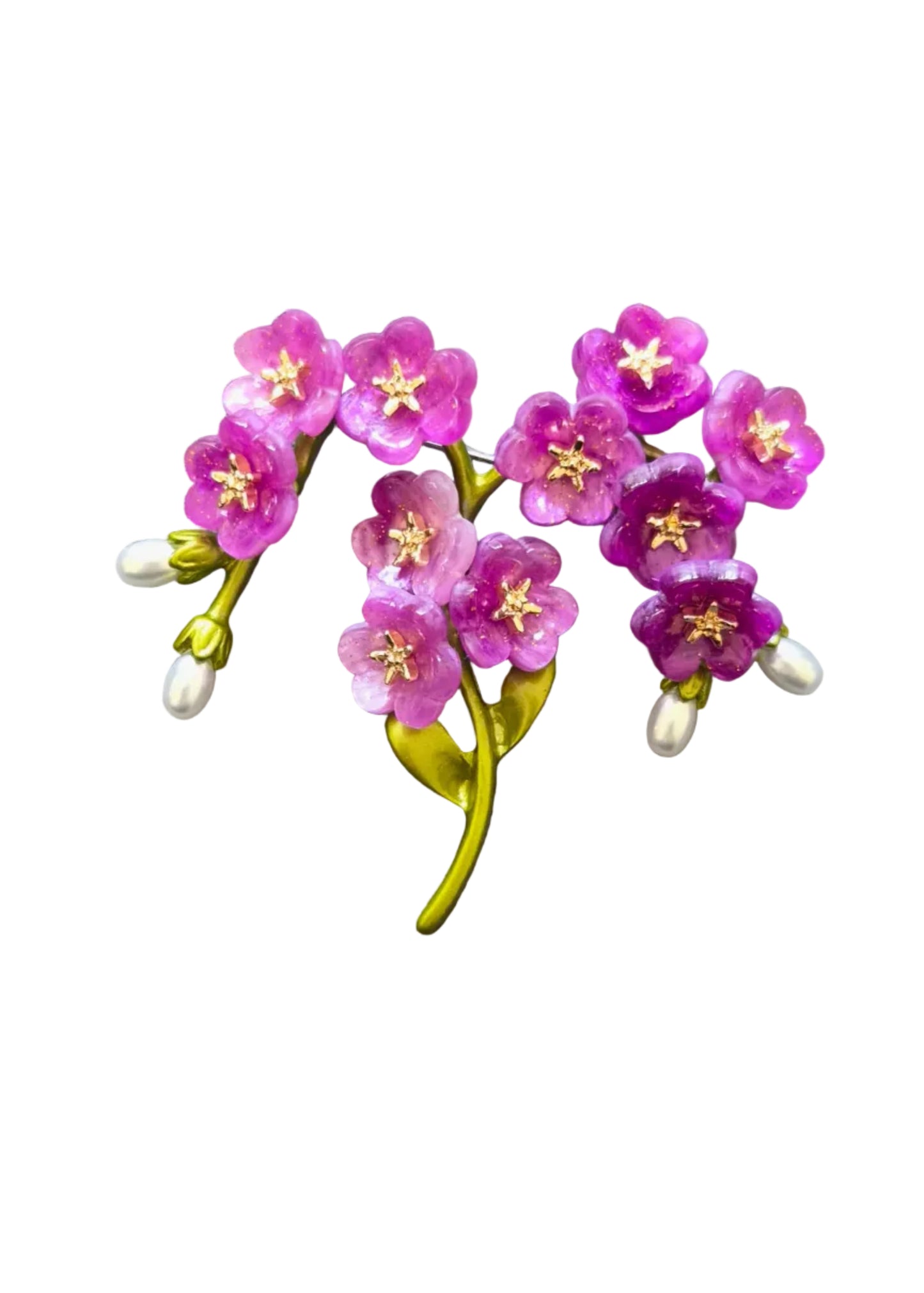 A floral enamel pin depicting pink cherry blossoms with yellow centers, green stems, and small white buds.