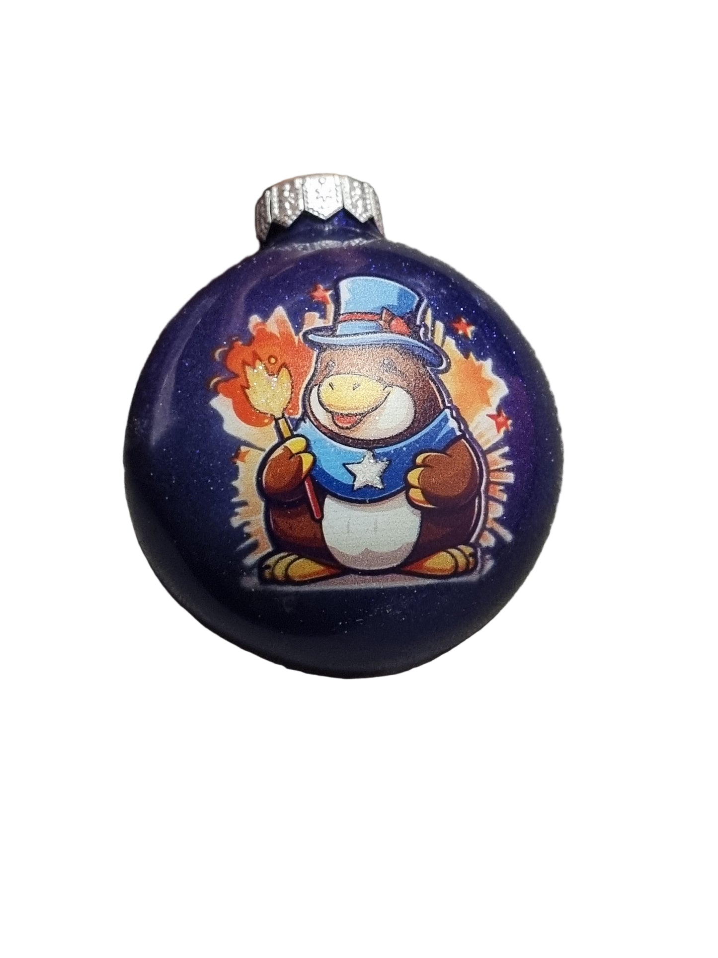 Purple bauble with platypus with fire and top hat