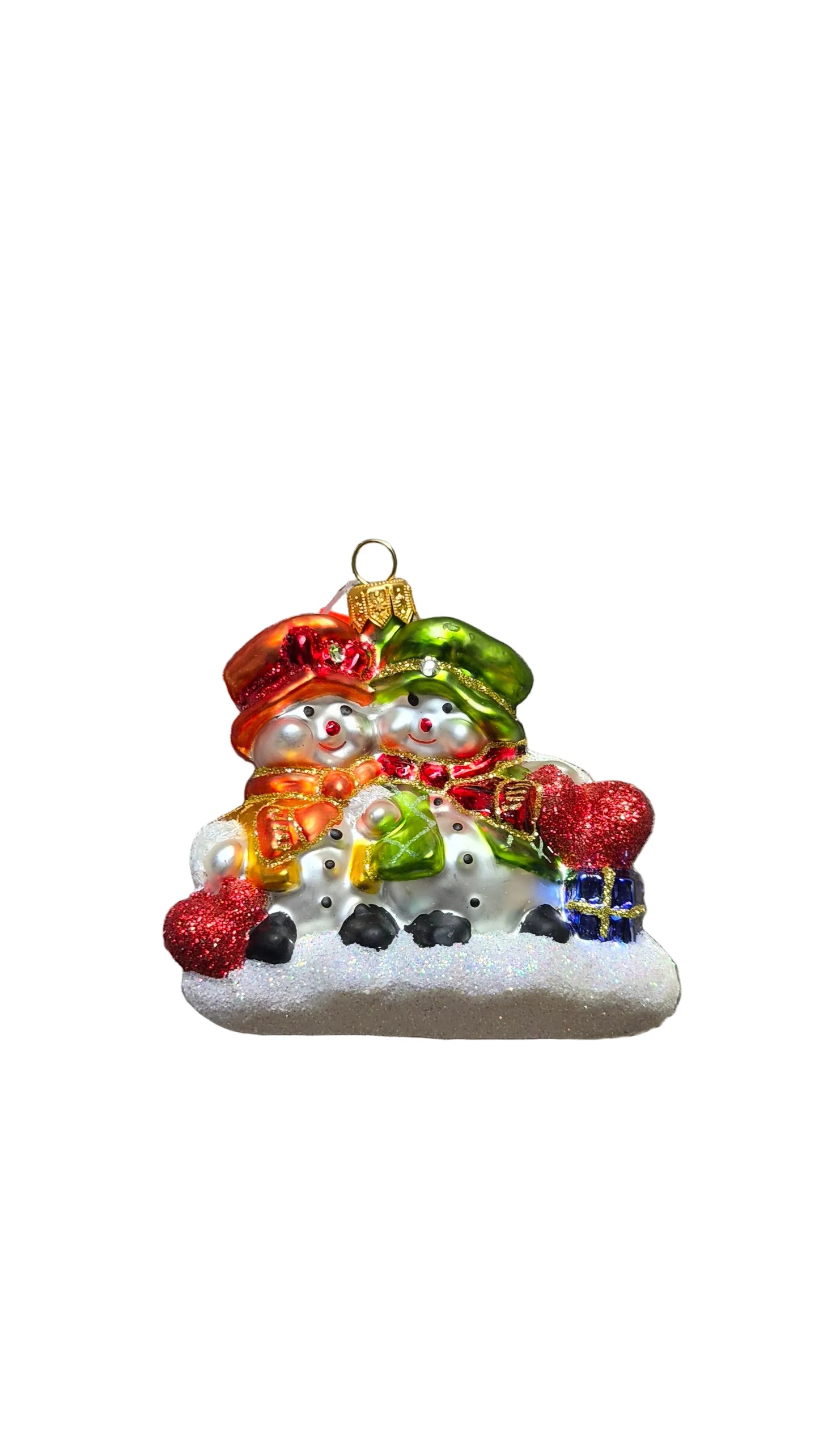 European handmade glass Christmas ornament of Snowmen Duo with Hearts