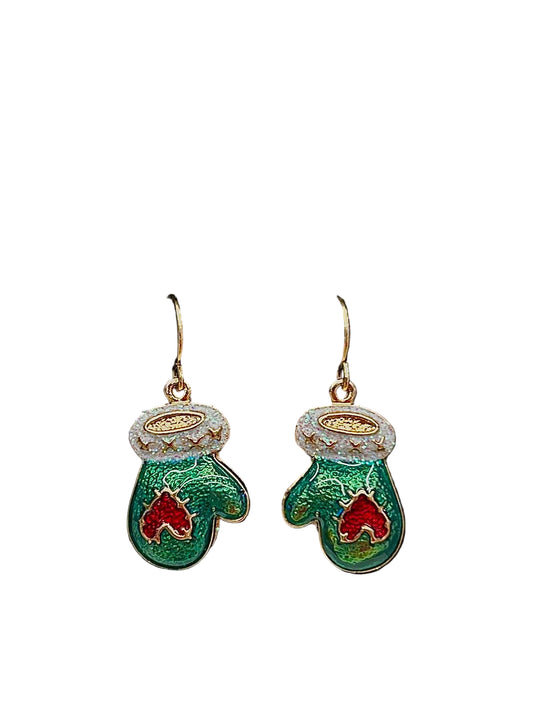 Green and red mitten-shaped earrings