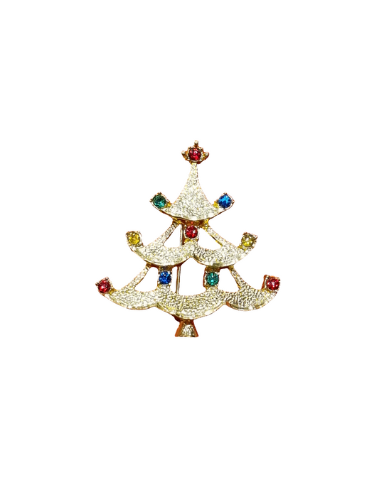 Gold Christmas Tree with Red, Green & Blue Crystals | Brooch V