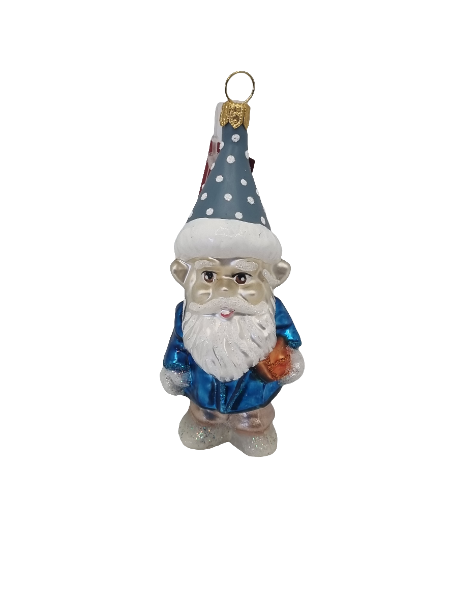 European Glass Christmas ornament of a Gnome with Beard & Spotted Hat (S)