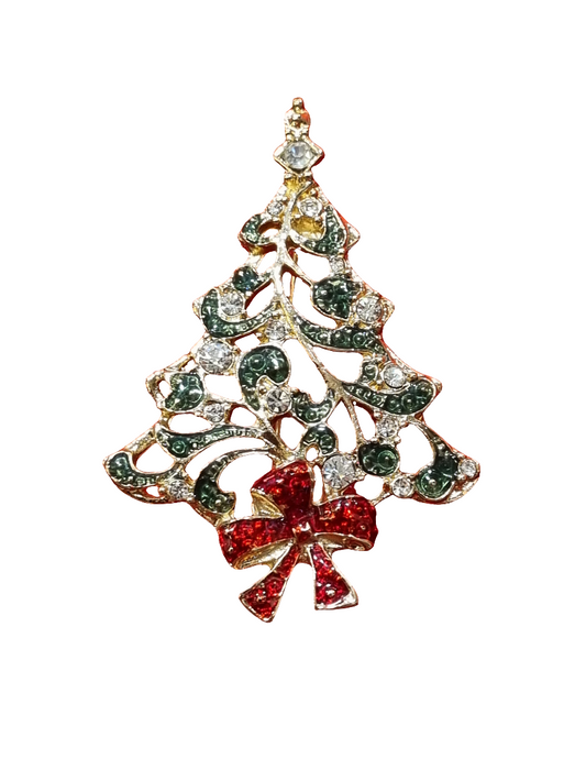 Large Green & Silver Christmas Tree with Red Bow | Brooch V