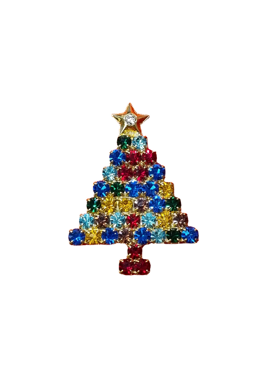 Wide Colourful Crystal Tree with Gold Star | Brooch V