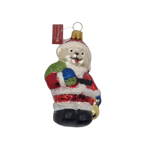 European Glass Christmas ornament of a Bear | Teddy Bear in Christmas Jacket (F)