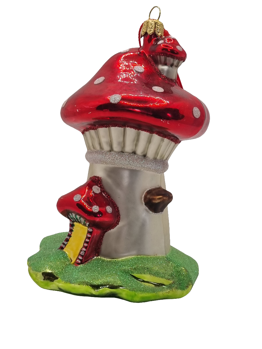 European Glass Christmas ornament of a Mushroom house large (U)