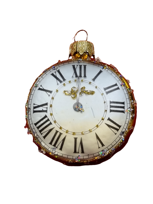 European Glass Christmas ornament of a Golden Clock (H)