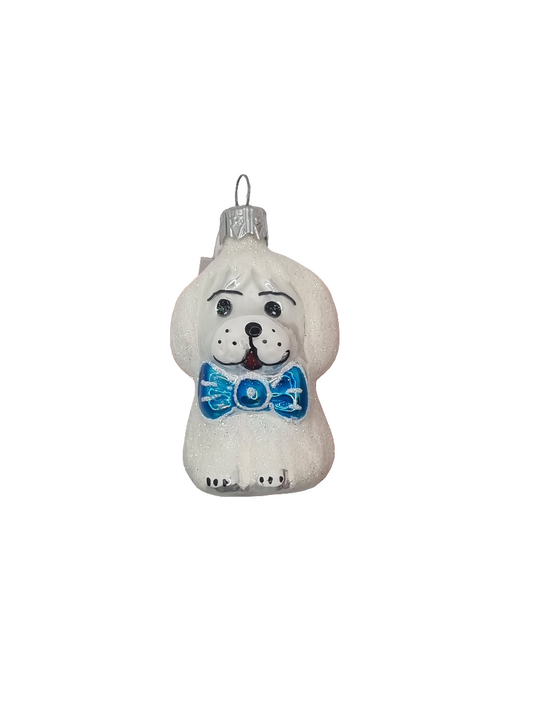 European Glass Christmas ornament of a Dog | Sparkly Cartoon Puppy with Bow Tie (F)