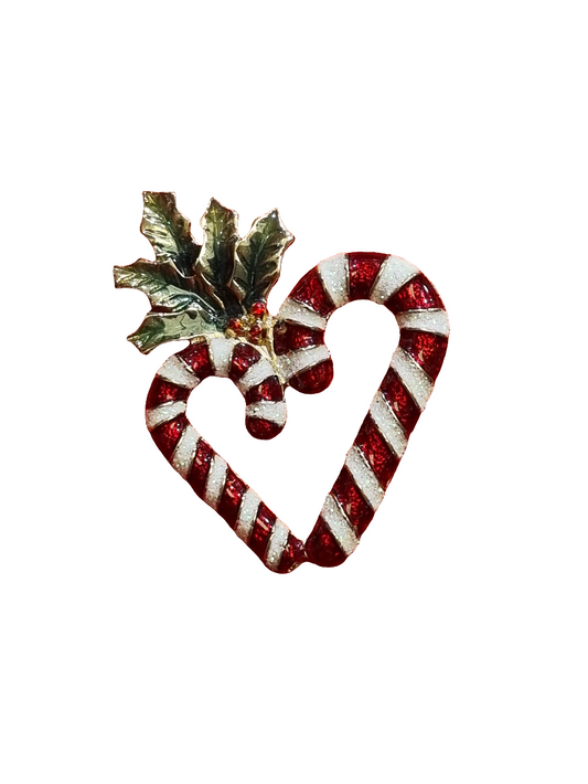 European Glass Christmas ornament of a Double Candy Cane with Mistletoe | Brooch V