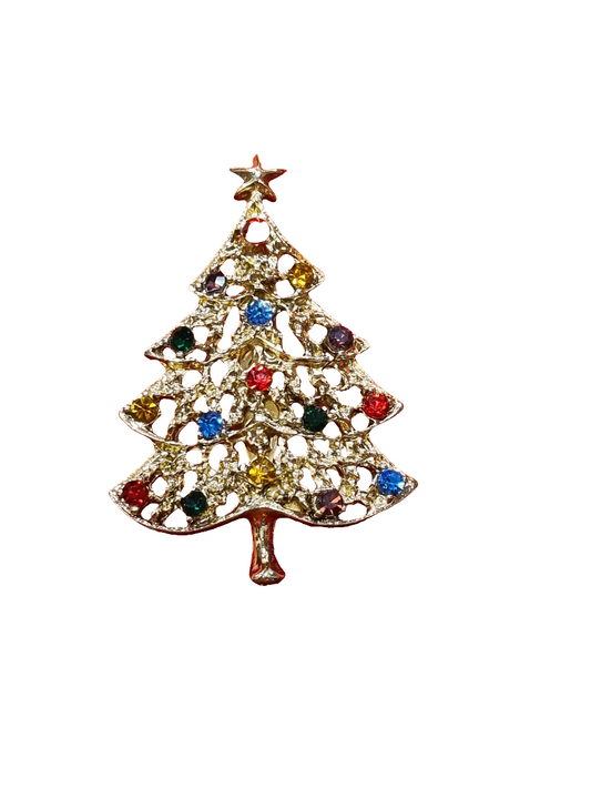 Filligree Gold Tree with Colourful Crystal Baubles | Brooch V