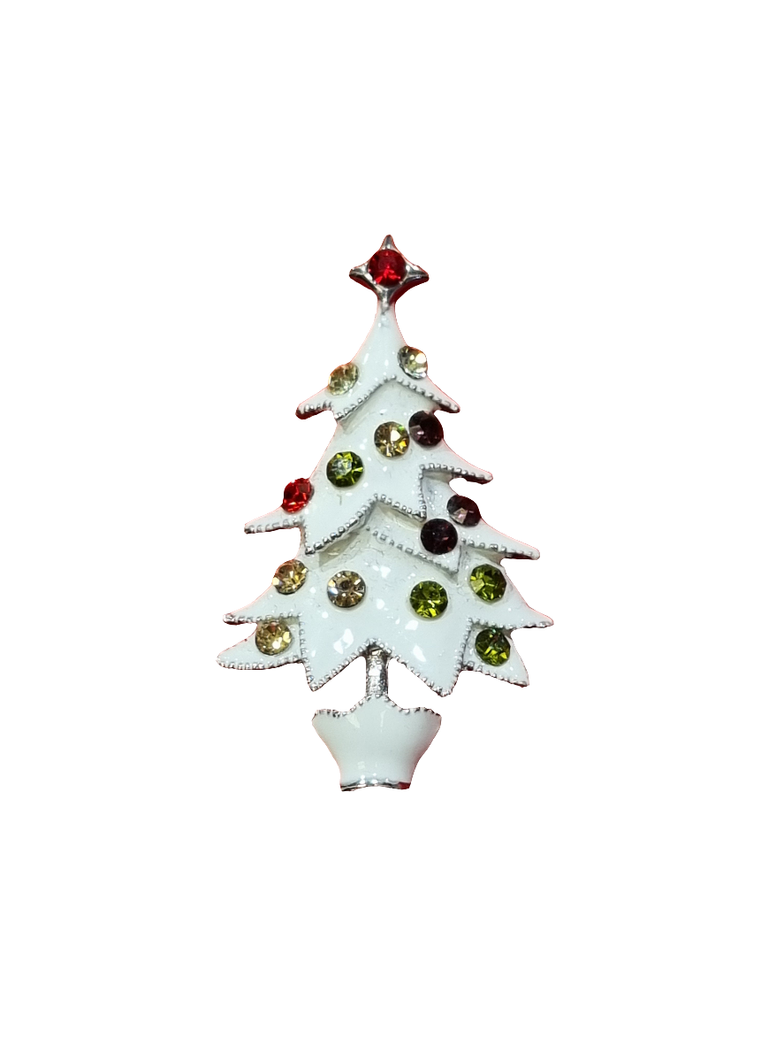 White Potted Christmas Tree with Colourful Crystals | Brooch V