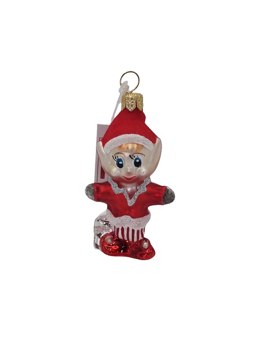 European Glass Christmas ornament of a Elf with Present (M)