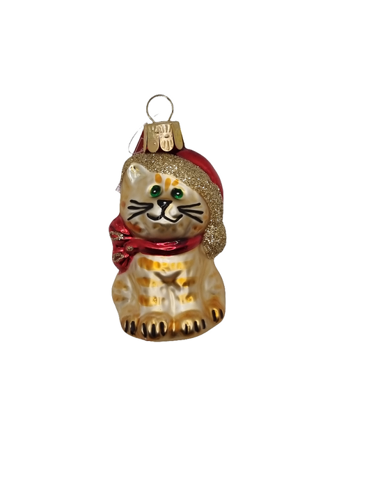European Glass Christmas ornament of a Cat sparkle Christmas hat (K)