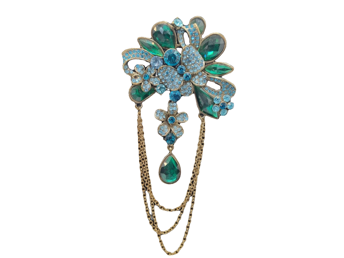 Blue & Green Crystal Flower with Gold Chain | Brooch VII