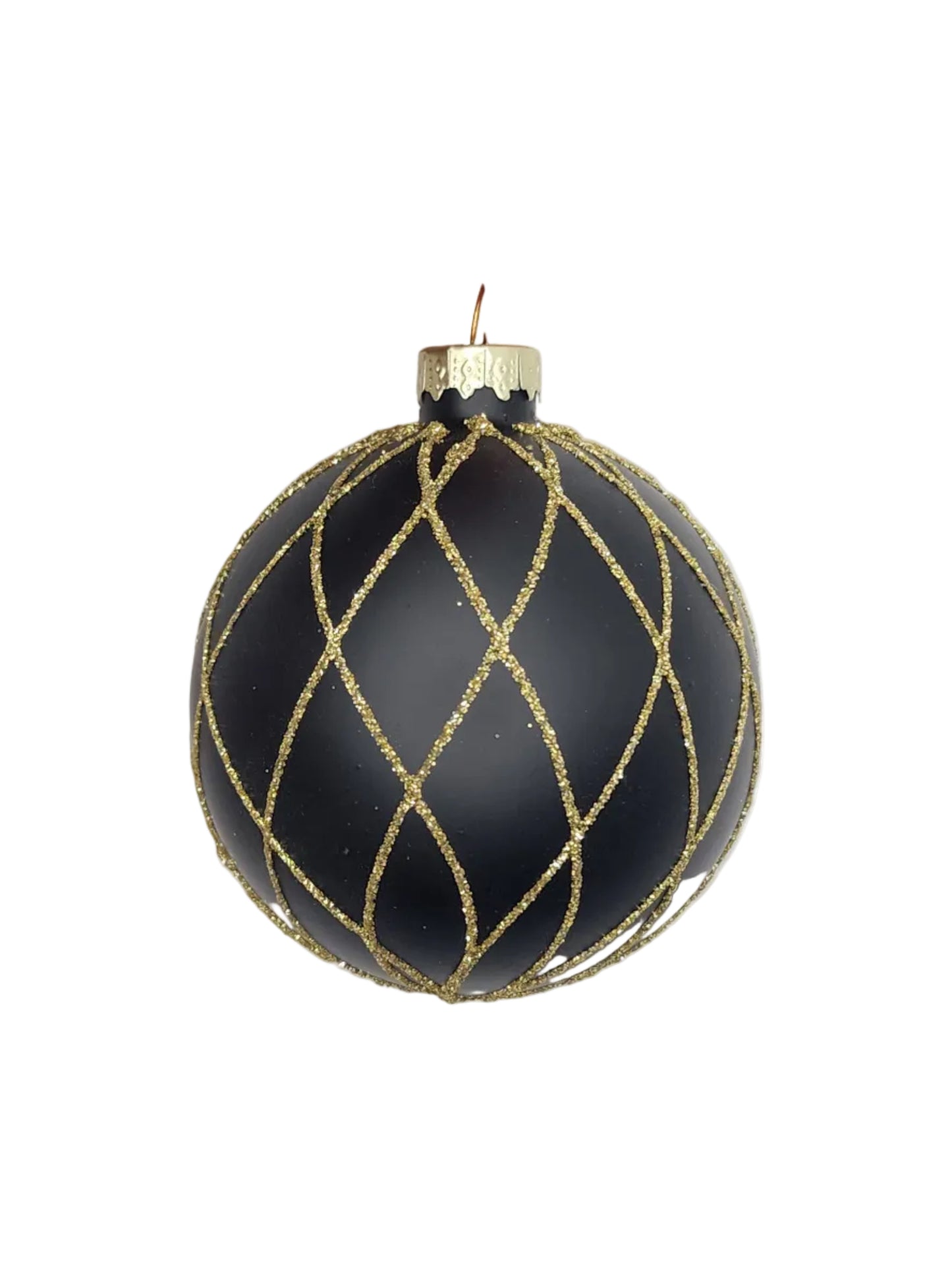 Black ornament with gold glittery pattern against a white background
