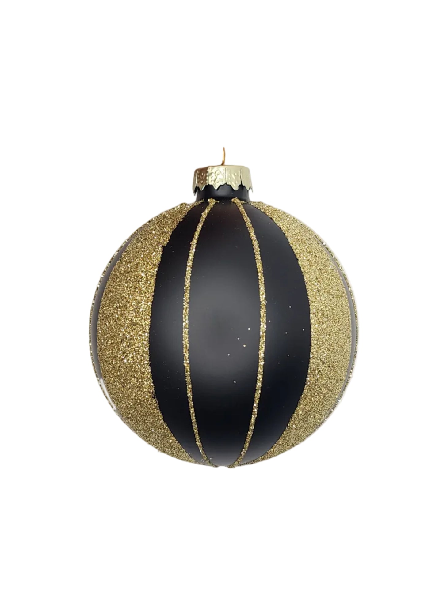 Gold and black striped ornament against a white background