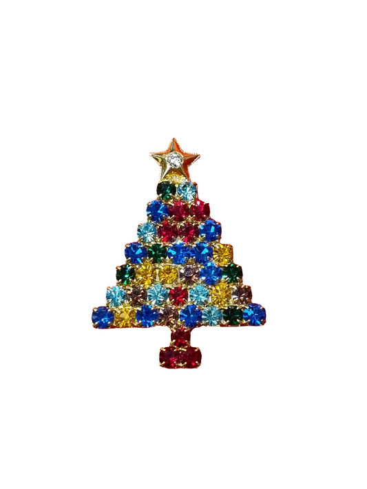 European Glass Christmas ornament of a Wide Colourful Crystal Tree with Gold Star | Brooch V
