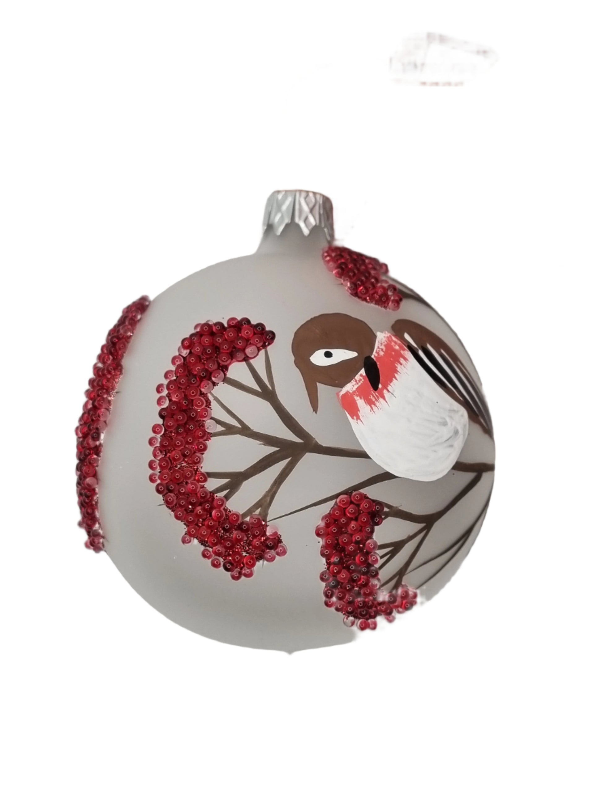 European Glass Christmas ornament of a Bauble | Birds on Branch with Red Flowers (N)