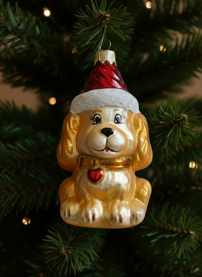 Christmas ornament of a golden retriever dog with a Santa hat on a tree