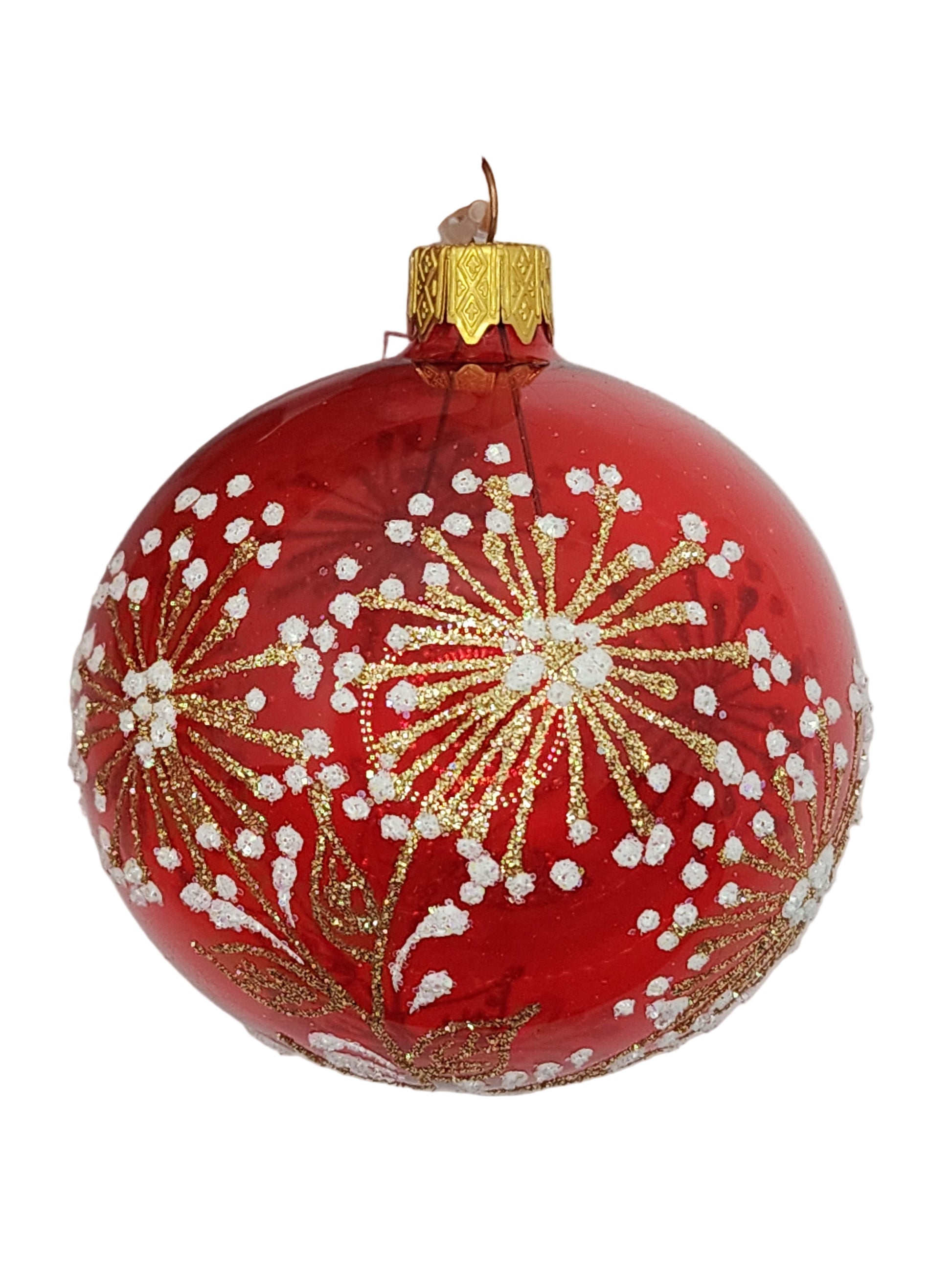 Red Christmas ornament with gold and white decorations against a white background