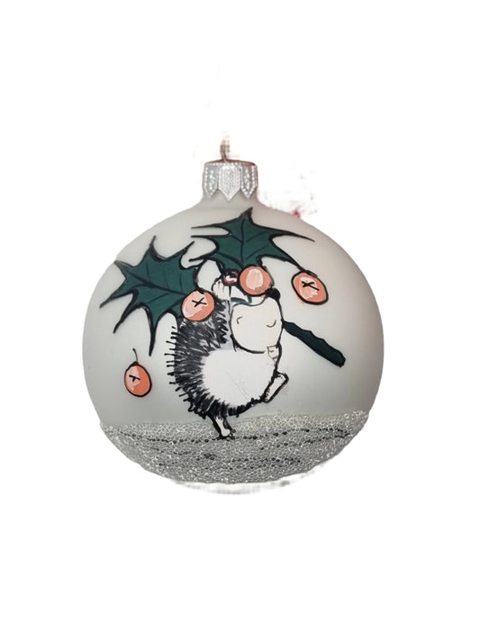 European Glass Christmas ornament of a Baubles | Cartoon Hedgehog with Mistletoe (H)