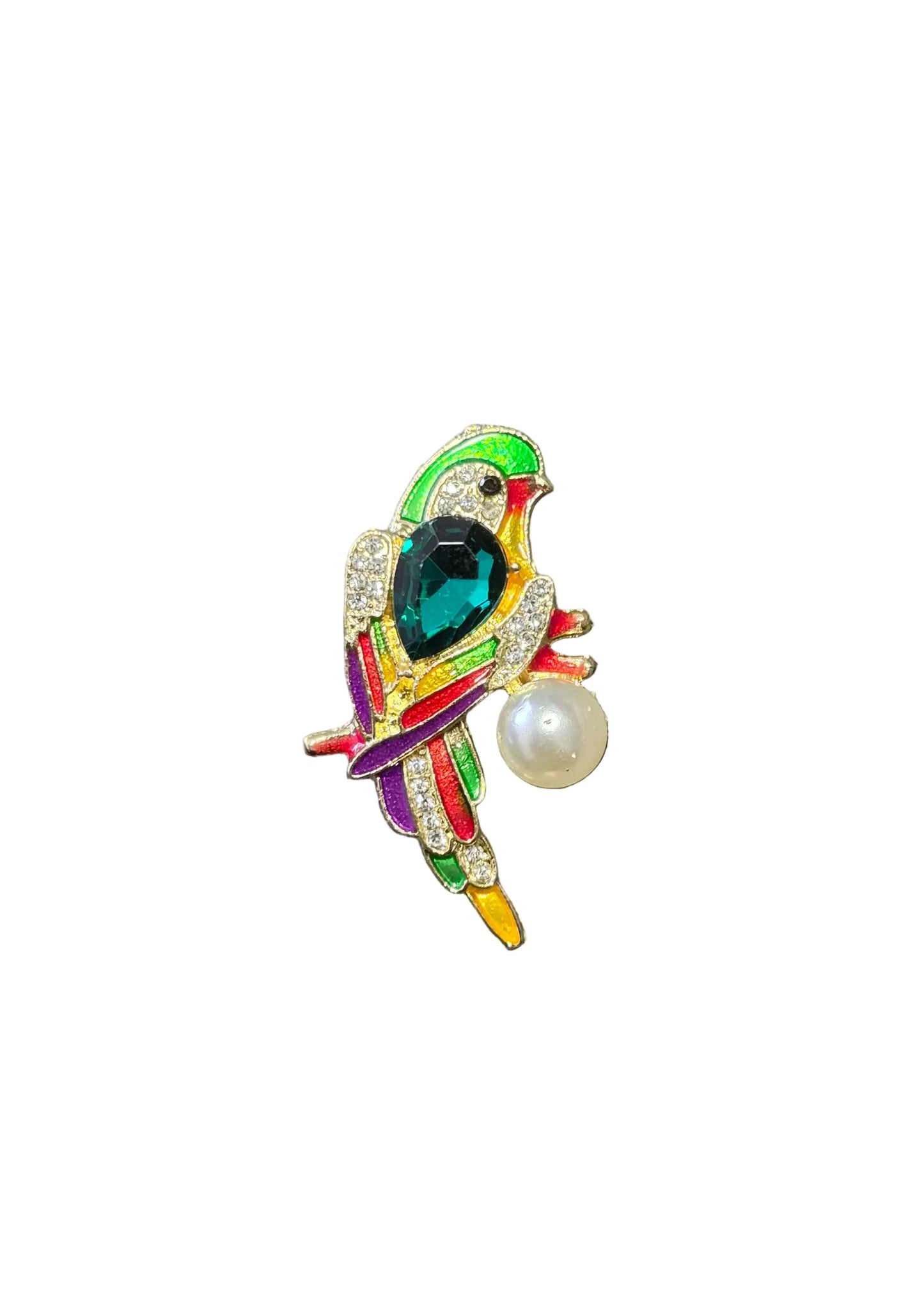 A colorful enamel bird brooch with a green teardrop-shaped center stone, a white pearl accent, and multiple bright enamel colors
