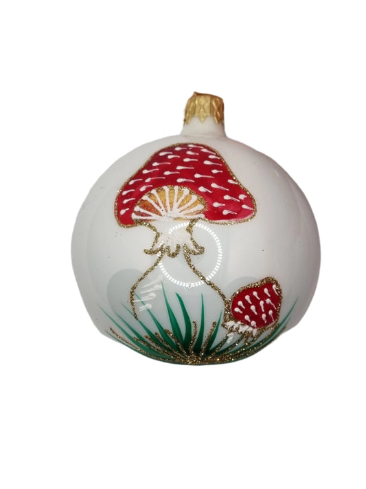 European Glass Christmas ornament of a Bauble | White with Red Toadstool (N)