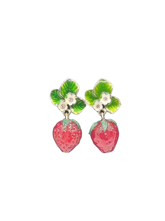 European Glass Christmas ornament of a Strawberries with Leaves | Earrings