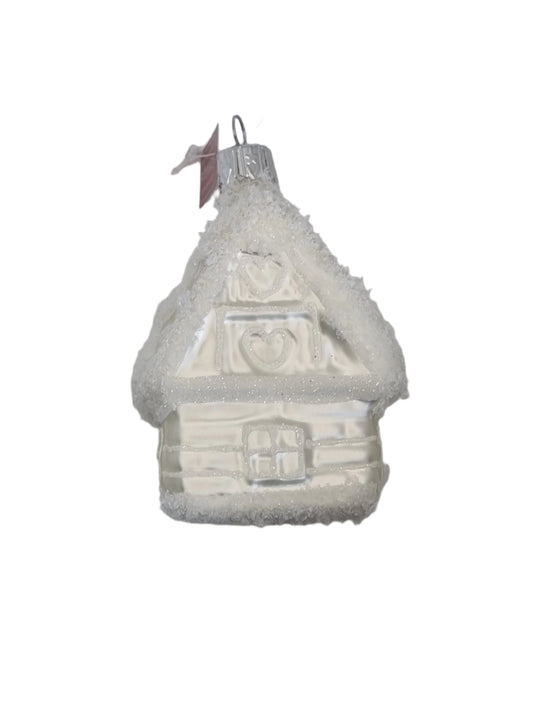 European Glass Christmas ornament of a House | White with Frosted Roof & Hearts (K)