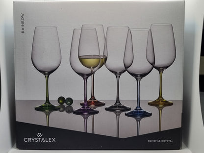 Box of Crystalex red wine glasses with a colourful design on a white background