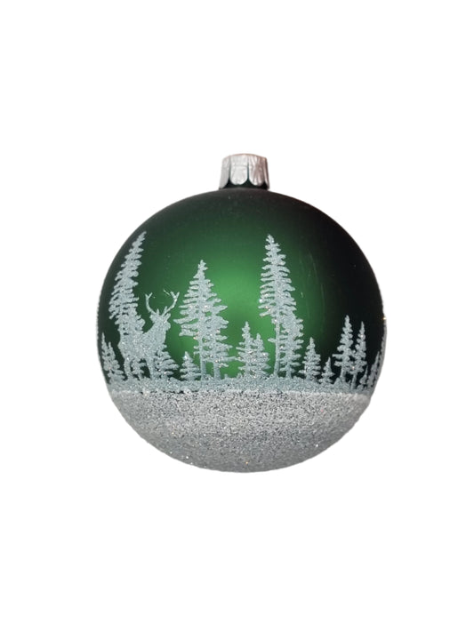 European Glass Christmas ornament of a Bauble | Small Green with Frosted Trees (G)