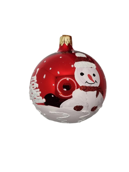 European Glass Christmas ornament of a Bauble | Small Red with Snowman and Trees (G)
