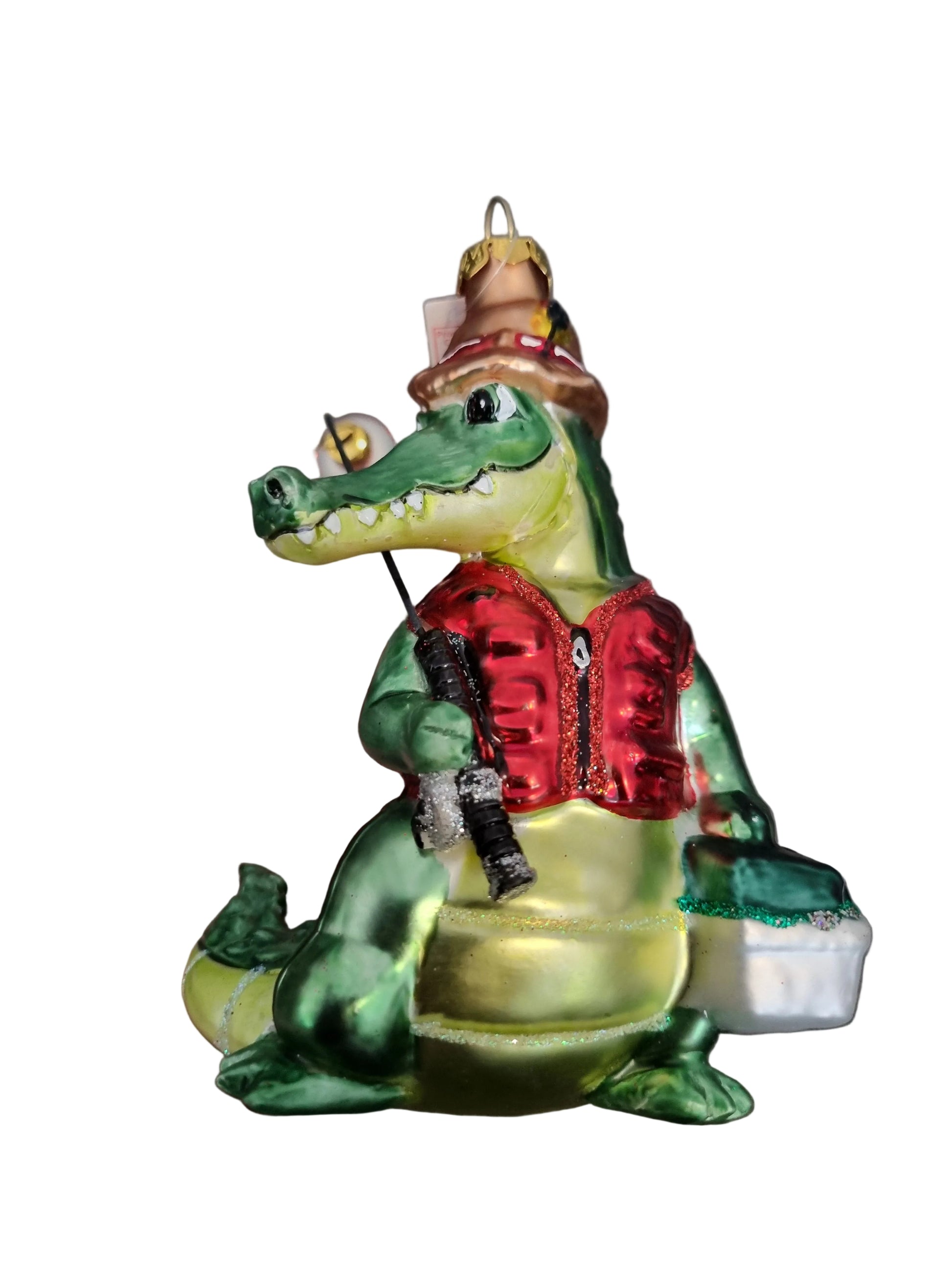 Green fishing alligator/crocodile glass christmas ornament