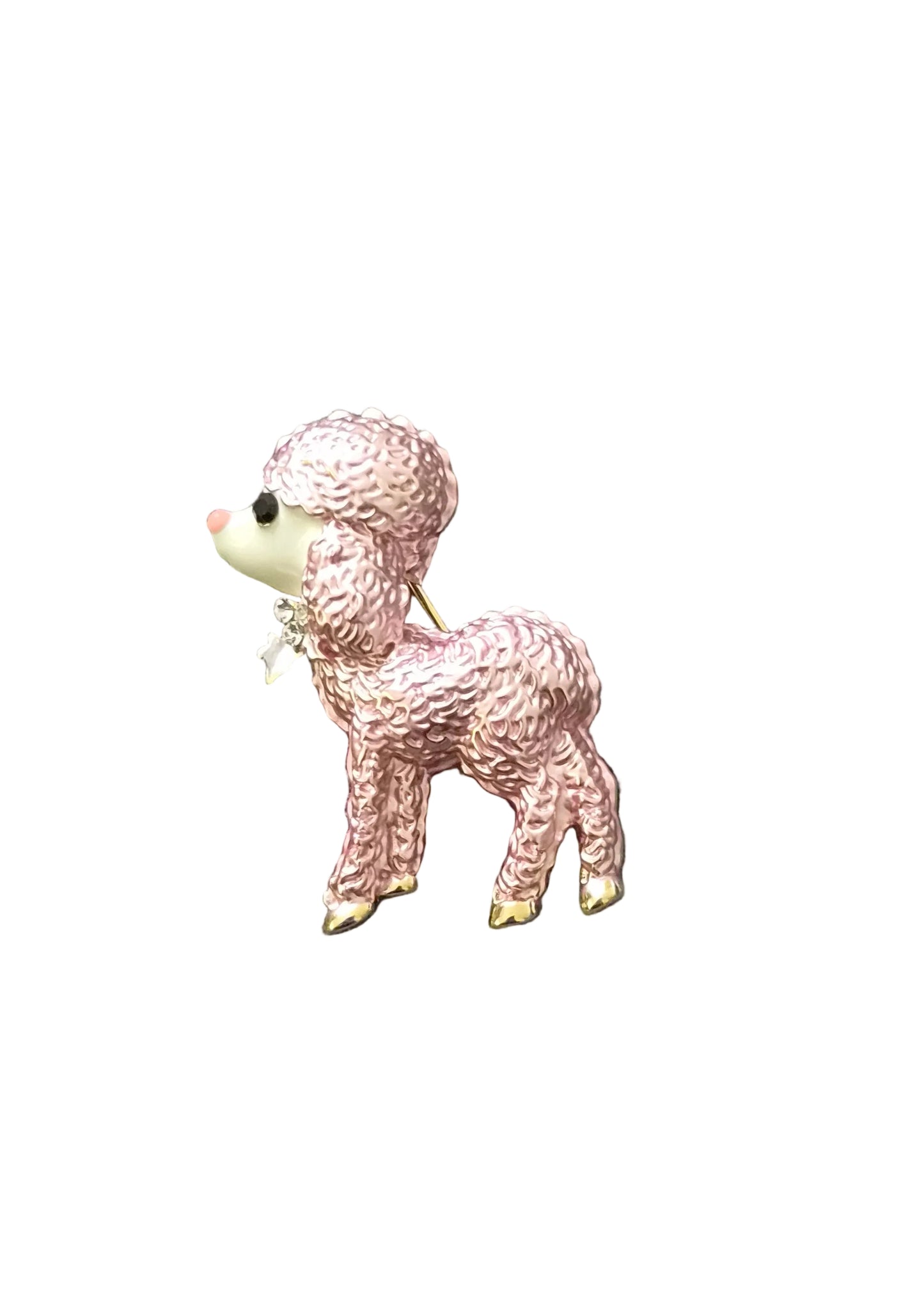 A small poodle-shaped brooch with textured pink enamel, gold-tone metal, and a light green snout.