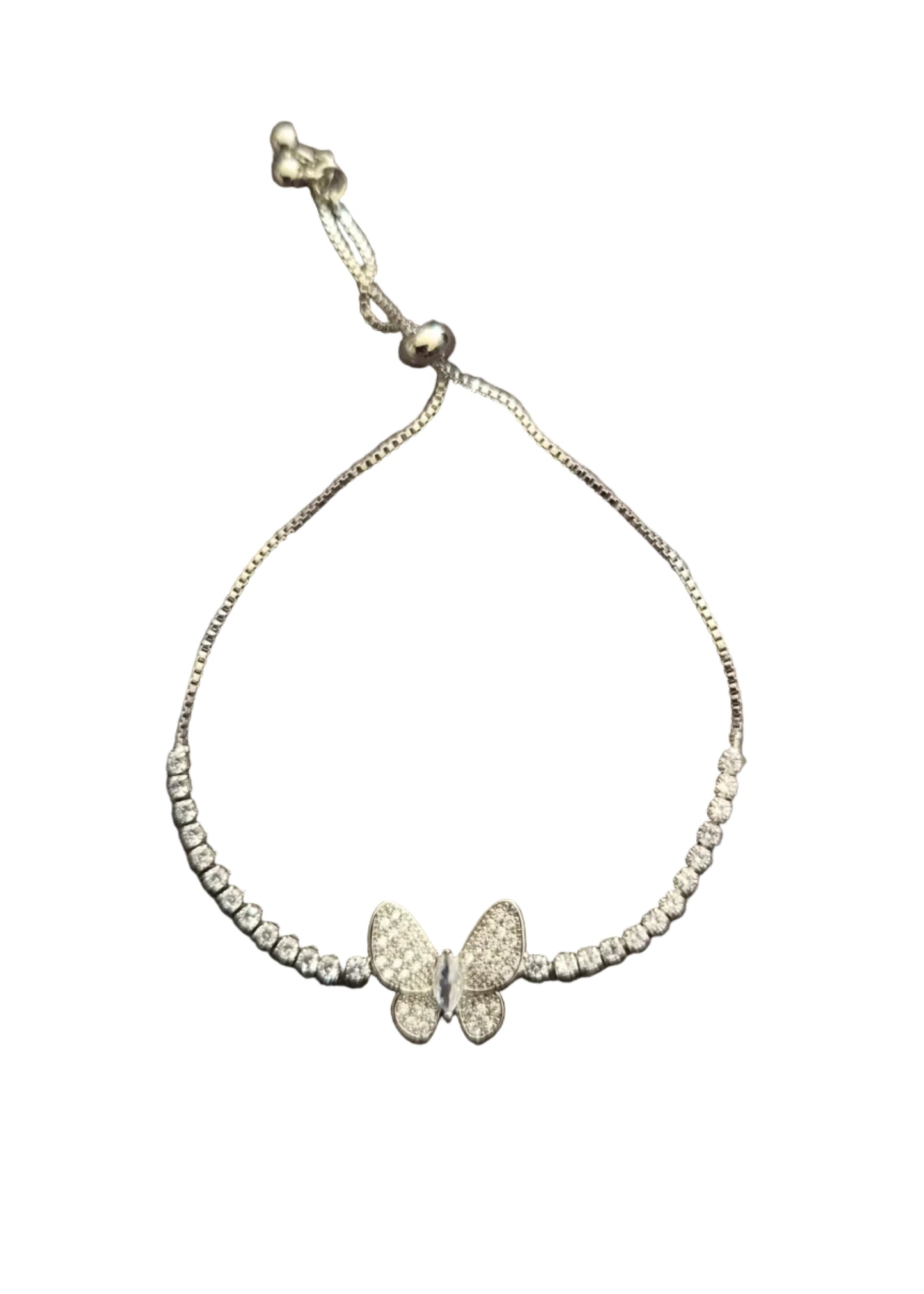 A silver chain bracelet with a butterfly charm and small clear stones.