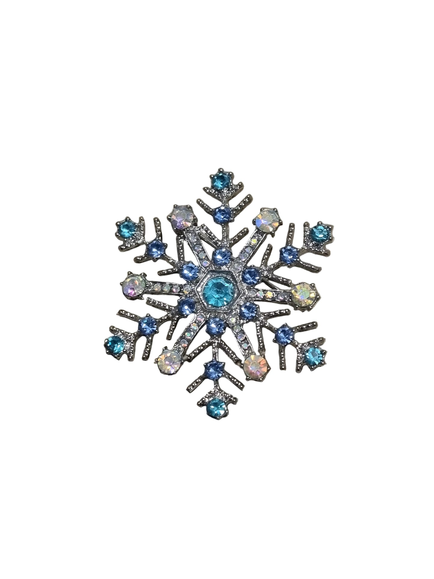 Decorative brooch with blue and silver gemstones 