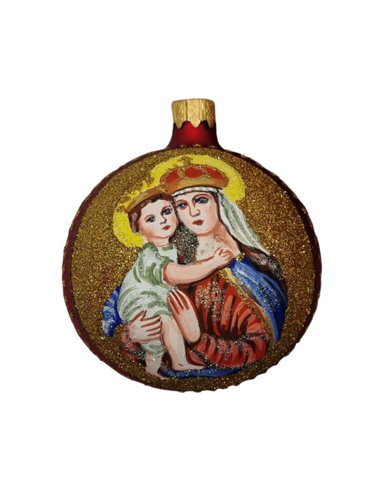 European Glass Christmas ornament of a Bauble | Red Mary and Baby Christ (T)