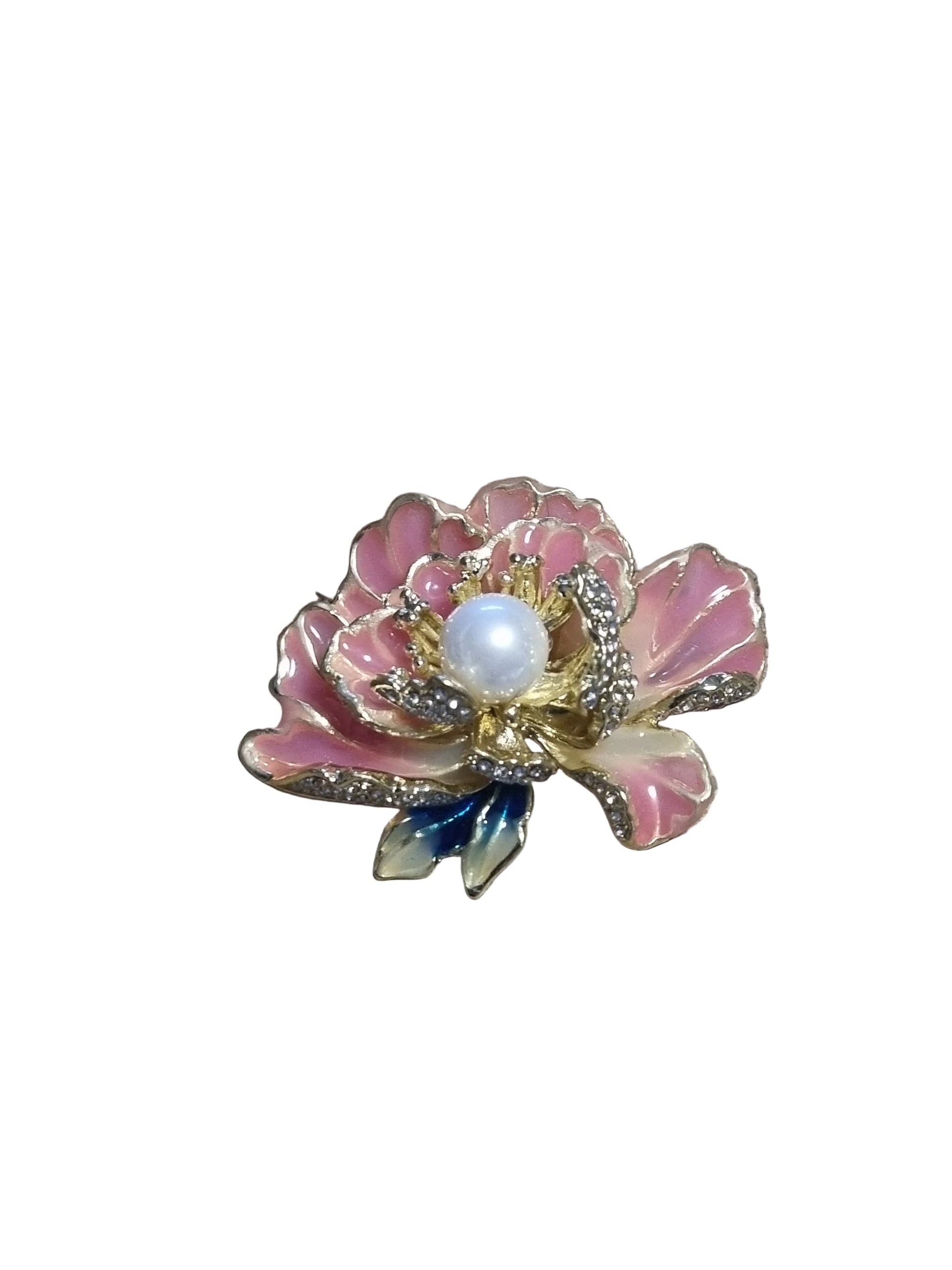 Decorative brooch with pink floral design and pearl center 