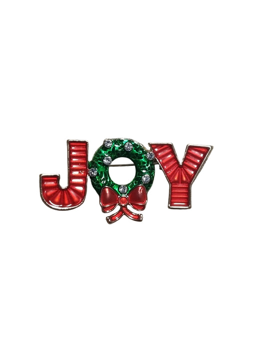 Decorative brooch with red bows, green wreath, JOY lettering