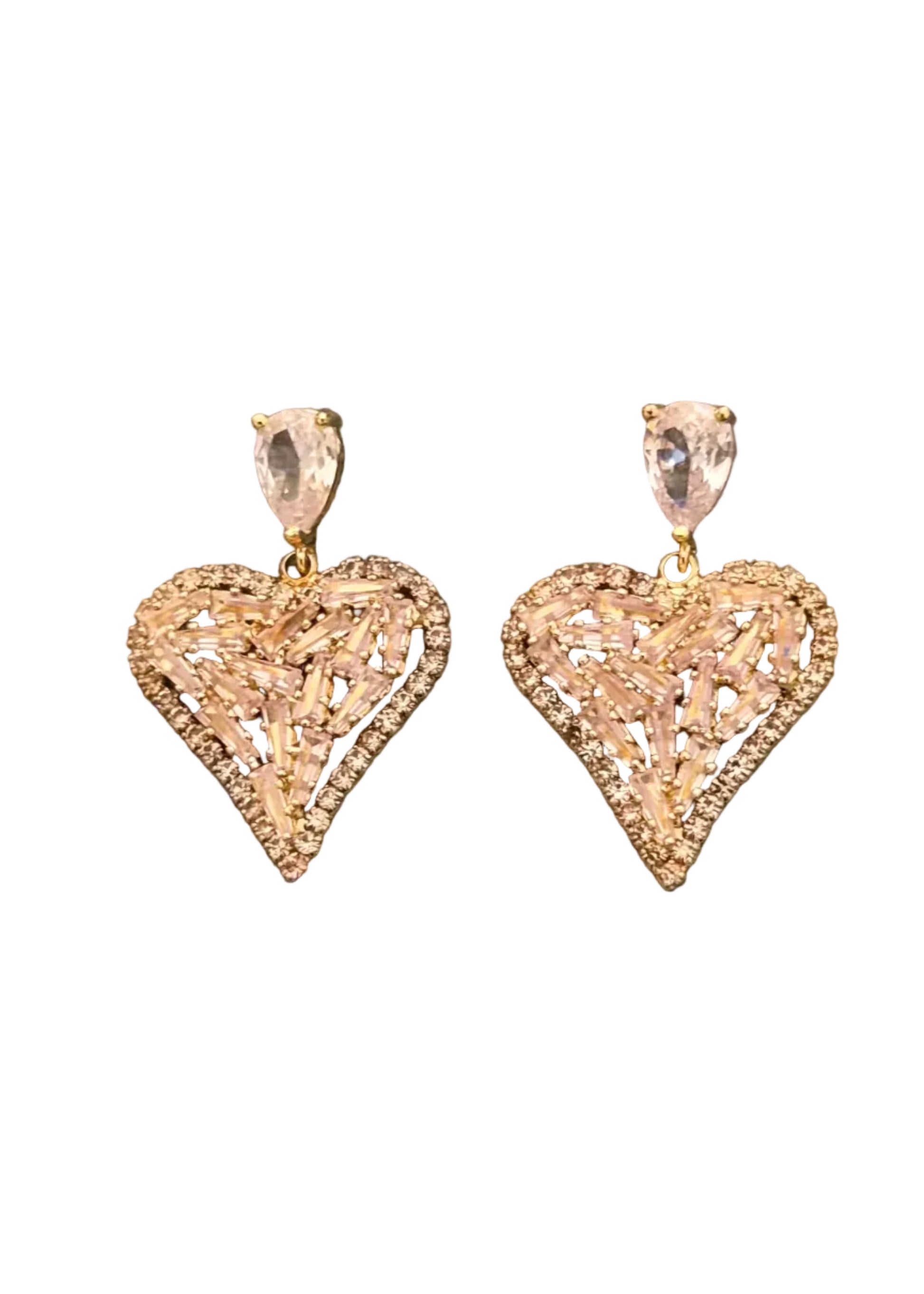 A pair of gold-toned heart-shaped dangle earrings adorned with clear crystals.