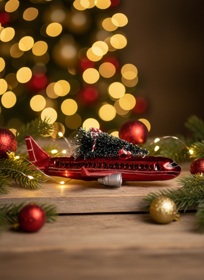 Red airplane ornament with a Christmas tree on top, surrounded by festive decorations and lights.