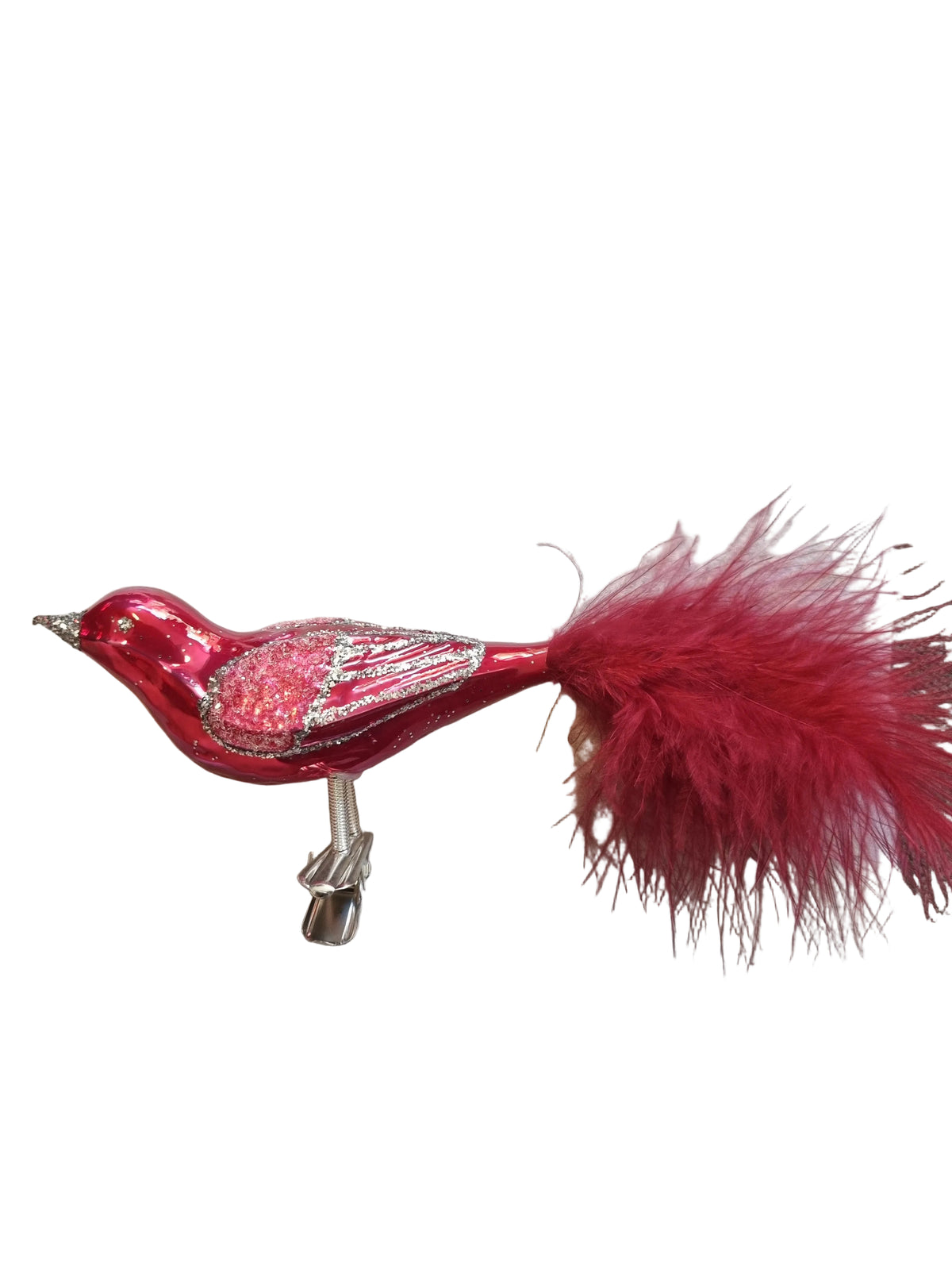 Red glass Christmas ornament with feathers 