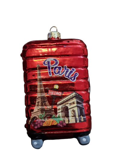 Red Paris suitcase-shaped glass Christmas ornament 