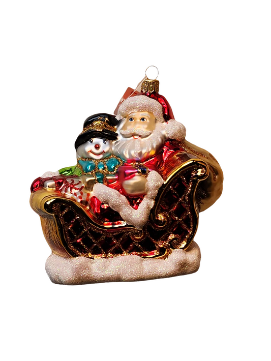 European Glass Christmas ornament of a Santa | in Sleigh with Snowman (X)