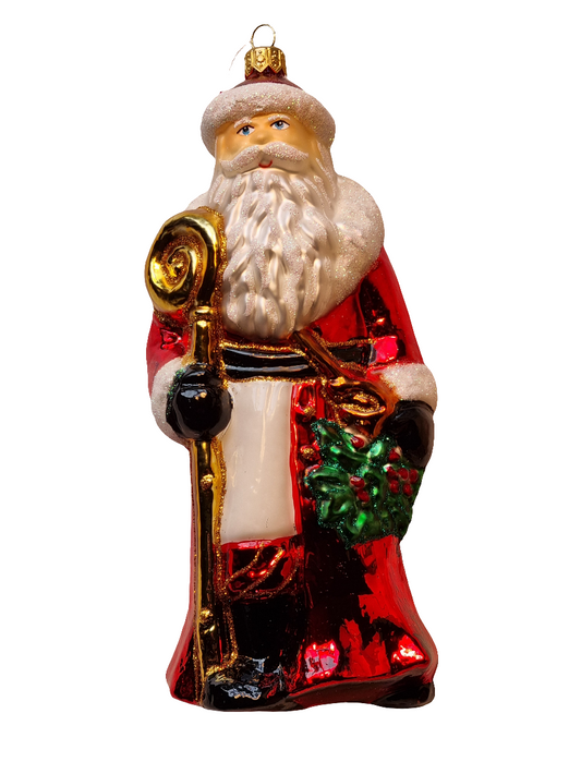 European Glass Christmas ornament of a Santa | with Staff and Mistletoe (Y)