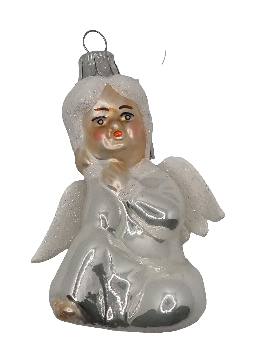 European Glass Christmas ornament of a young child dressed in white, with glittery white angel wings