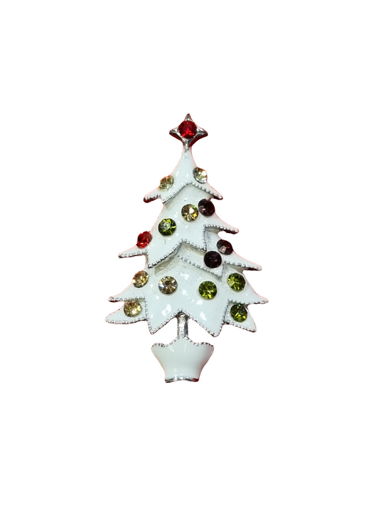 European Glass Christmas ornament of a White Potted Christmas Tree with Colourful Crystals | Brooch V